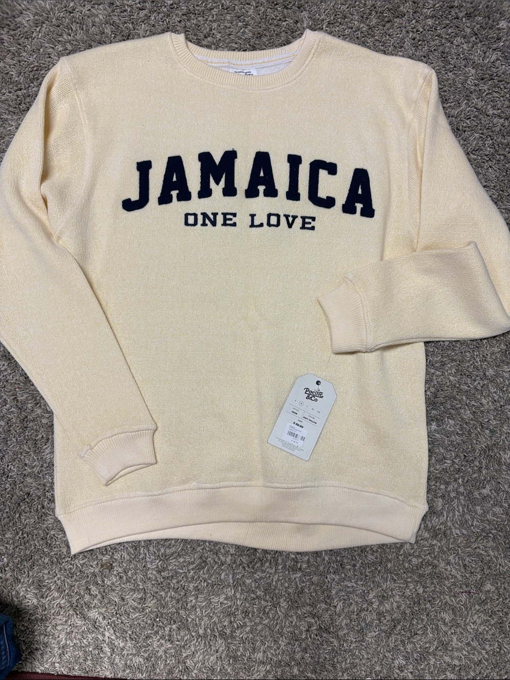 Jamaica One Love Crewneck Sweatshirt - SOFT YELLOW with Navy Lettering NWT